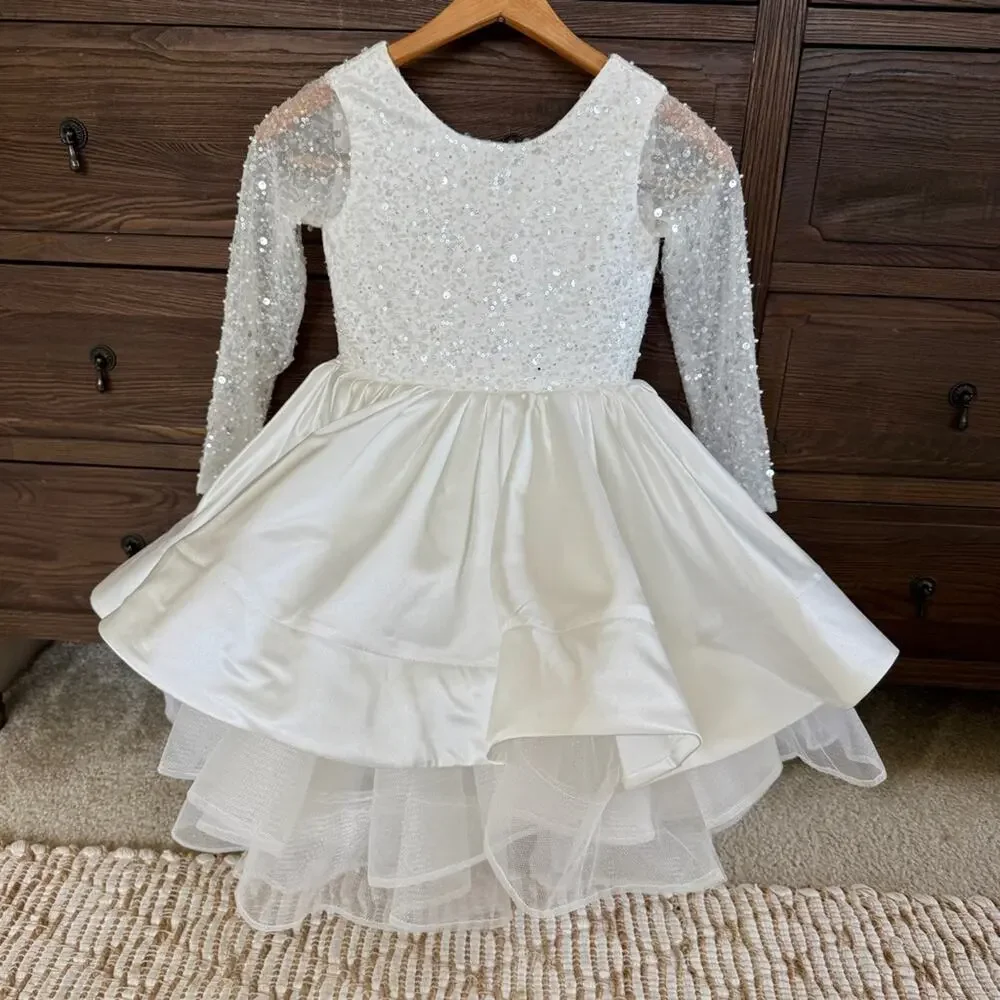 White Beaded Long Sleeve Tiered Satin Tulle Princess Flower Girl Dress Size 6-7